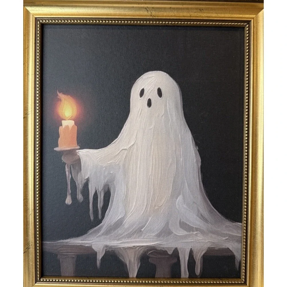 Halloween Gold Vintage Framed Ghost Lit Candle‎ Wall Art 10